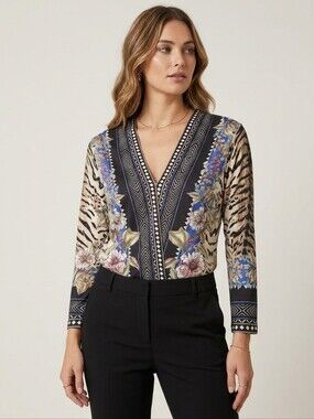 Hale Bob Tiger & Floral Print V-Neck Top